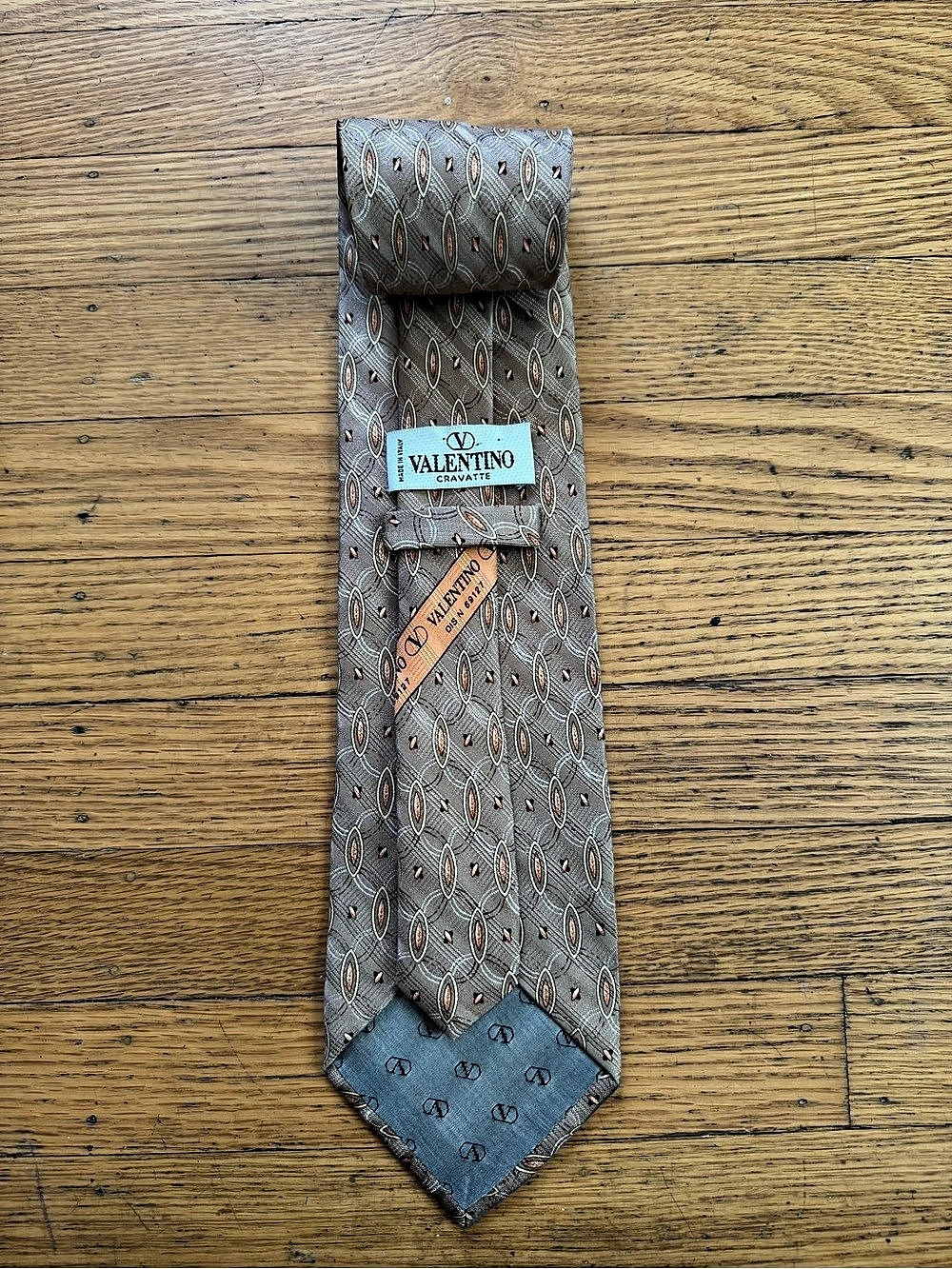 Valentino Silk Geometric Tie in Brown & Orange - Picture 3 of 6